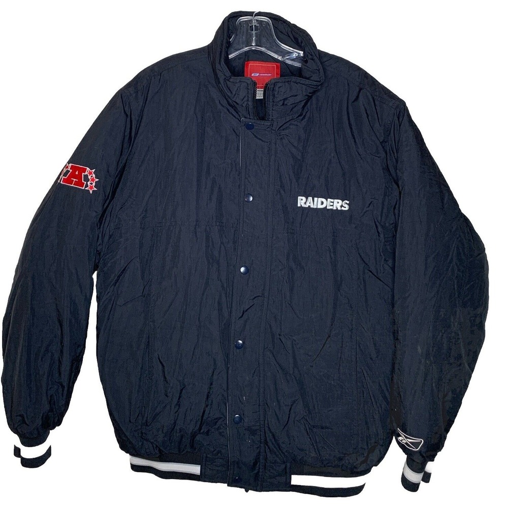Vintage Reebok Oakland/LV Raiders Bomber Quilted Jacket Black 1990's Mens Size M